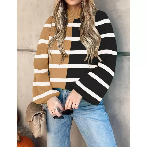imageZESICA Womens 2023 Fall Fashion Turtleneck Long Sleeve Striped Ribbed Knit Loose Pullover Sweater TopsLightkhaki