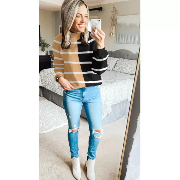 imageZESICA Womens 2023 Fall Fashion Turtleneck Long Sleeve Striped Ribbed Knit Loose Pullover Sweater TopsLightkhaki