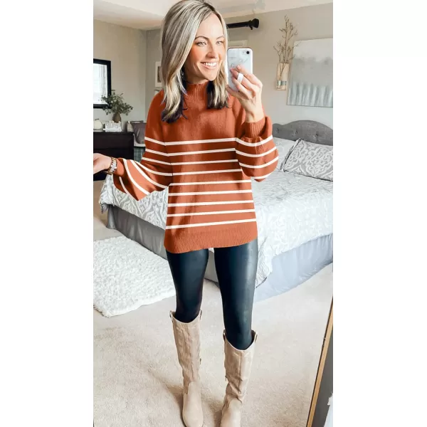 imageZESICA Womens 2023 Fall Fashion Turtleneck Long Sleeve Striped Ribbed Knit Loose Pullover Sweater TopsMaple