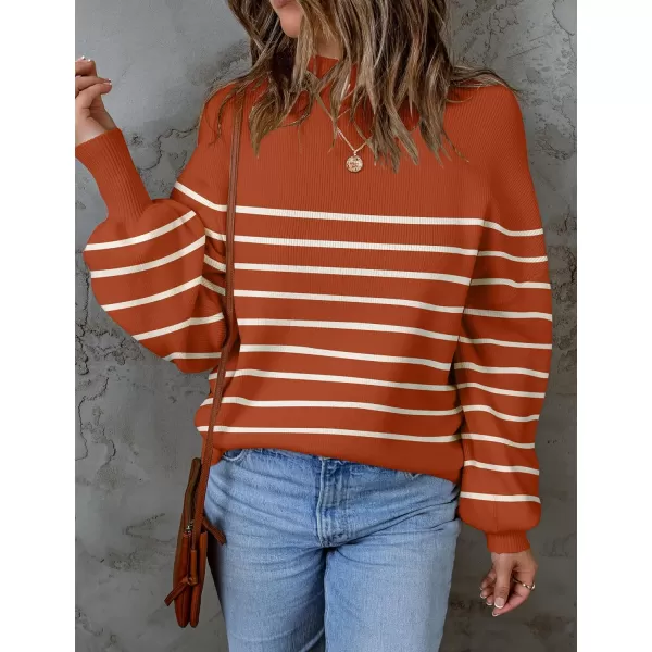 imageZESICA Womens 2023 Fall Fashion Turtleneck Long Sleeve Striped Ribbed Knit Loose Pullover Sweater TopsMaple