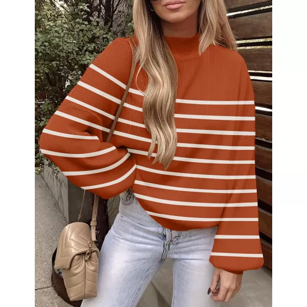 imageZESICA Womens 2023 Fall Fashion Turtleneck Long Sleeve Striped Ribbed Knit Loose Pullover Sweater TopsMaple