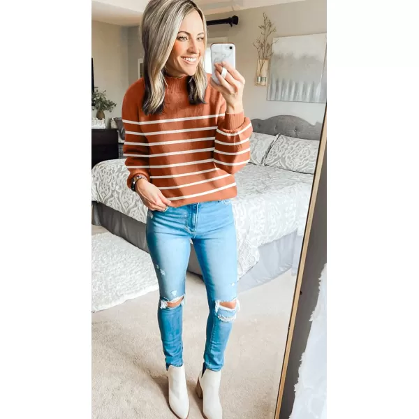 imageZESICA Womens 2023 Fall Fashion Turtleneck Long Sleeve Striped Ribbed Knit Loose Pullover Sweater TopsMaple
