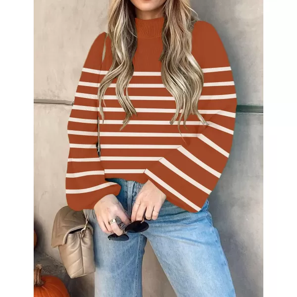 imageZESICA Womens 2023 Fall Fashion Turtleneck Long Sleeve Striped Ribbed Knit Loose Pullover Sweater TopsMaple