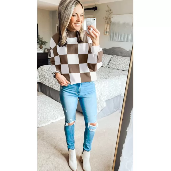 imageZESICA Womens 2023 Fall Fashion Turtleneck Long Sleeve Striped Ribbed Knit Loose Pullover Sweater TopsMocha