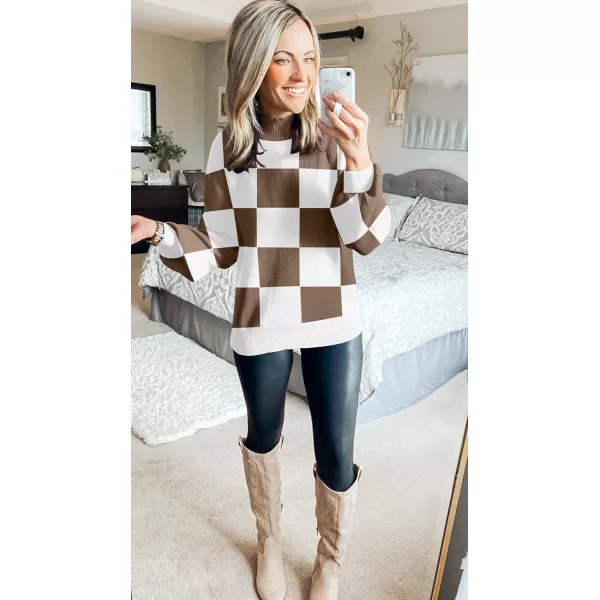 imageZESICA Womens 2023 Fall Fashion Turtleneck Long Sleeve Striped Ribbed Knit Loose Pullover Sweater TopsMocha