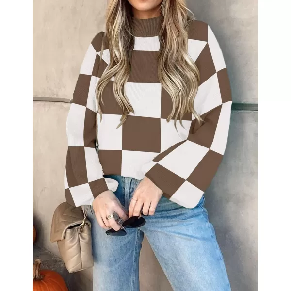 imageZESICA Womens 2023 Fall Fashion Turtleneck Long Sleeve Striped Ribbed Knit Loose Pullover Sweater TopsMocha
