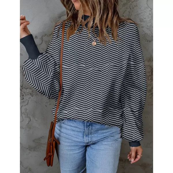 imageZESICA Womens 2023 Fall Fashion Turtleneck Long Sleeve Striped Ribbed Knit Loose Pullover Sweater TopsNavystripe