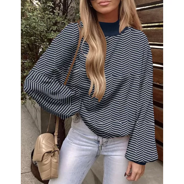 imageZESICA Womens 2023 Fall Fashion Turtleneck Long Sleeve Striped Ribbed Knit Loose Pullover Sweater TopsNavystripe