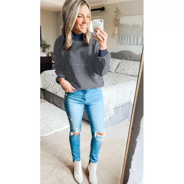 imageZESICA Womens 2023 Fall Fashion Turtleneck Long Sleeve Striped Ribbed Knit Loose Pullover Sweater TopsNavystripe