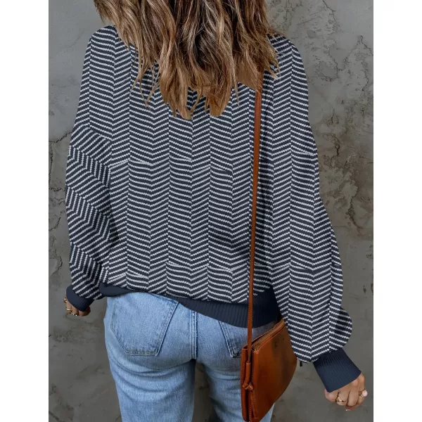 imageZESICA Womens 2023 Fall Fashion Turtleneck Long Sleeve Striped Ribbed Knit Loose Pullover Sweater TopsNavystripe