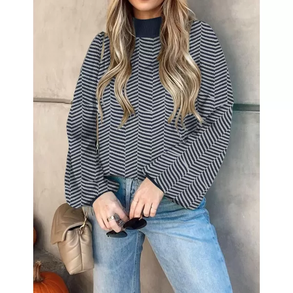 imageZESICA Womens 2023 Fall Fashion Turtleneck Long Sleeve Striped Ribbed Knit Loose Pullover Sweater TopsNavystripe