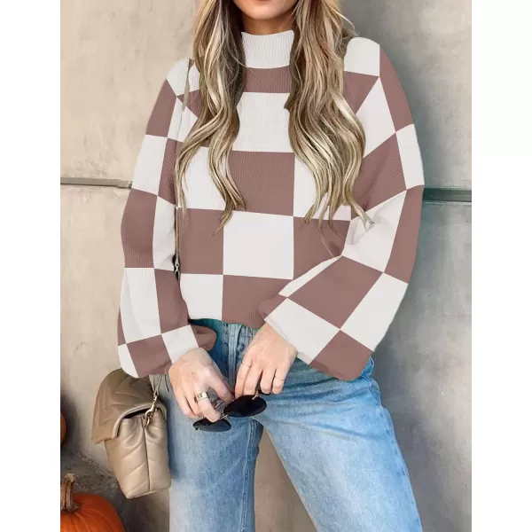 imageZESICA Womens 2023 Fall Fashion Turtleneck Long Sleeve Striped Ribbed Knit Loose Pullover Sweater TopsNutmeg