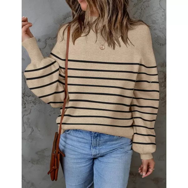 imageZESICA Womens 2023 Fall Fashion Turtleneck Long Sleeve Striped Ribbed Knit Loose Pullover Sweater TopsOatmeal