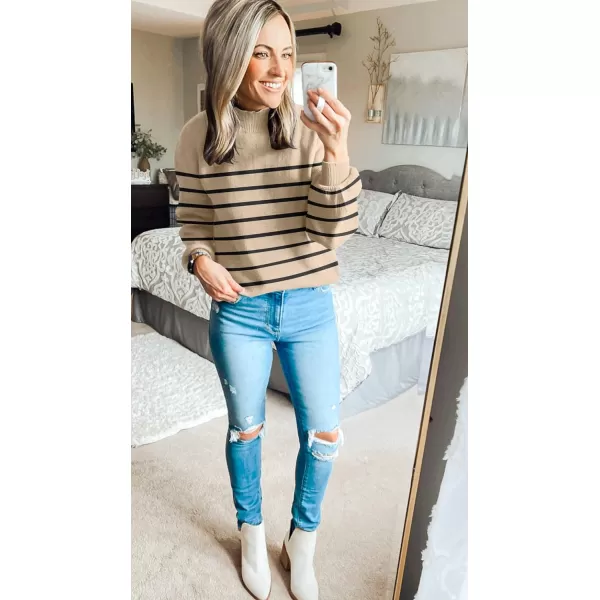 imageZESICA Womens 2023 Fall Fashion Turtleneck Long Sleeve Striped Ribbed Knit Loose Pullover Sweater TopsOatmeal