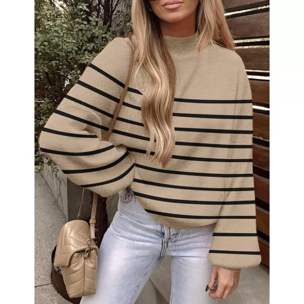 imageZESICA Womens 2023 Fall Fashion Turtleneck Long Sleeve Striped Ribbed Knit Loose Pullover Sweater TopsOatmeal