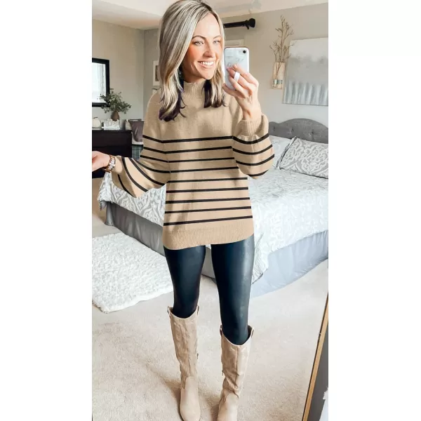 imageZESICA Womens 2023 Fall Fashion Turtleneck Long Sleeve Striped Ribbed Knit Loose Pullover Sweater TopsOatmeal