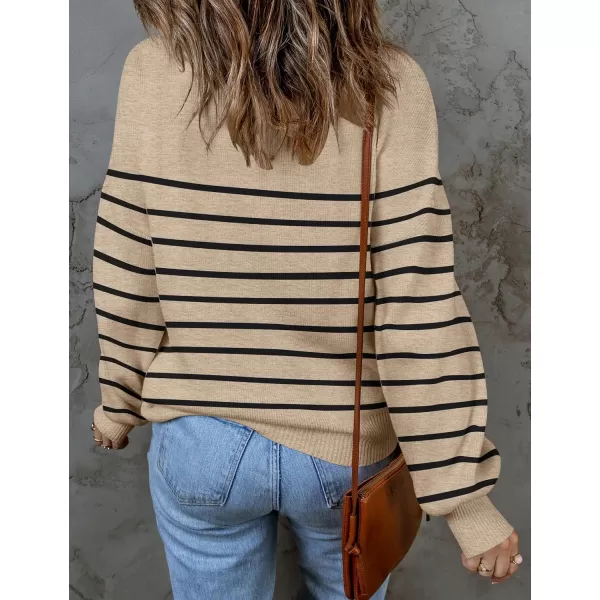 imageZESICA Womens 2023 Fall Fashion Turtleneck Long Sleeve Striped Ribbed Knit Loose Pullover Sweater TopsOatmeal