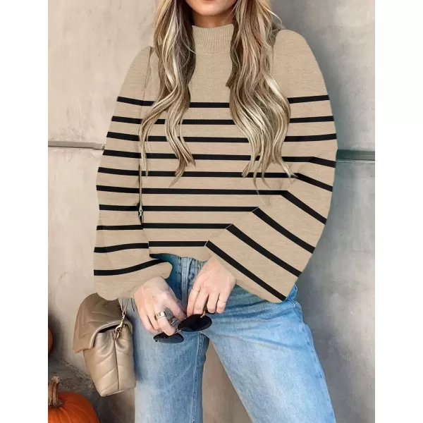 imageZESICA Womens 2023 Fall Fashion Turtleneck Long Sleeve Striped Ribbed Knit Loose Pullover Sweater TopsOatmeal
