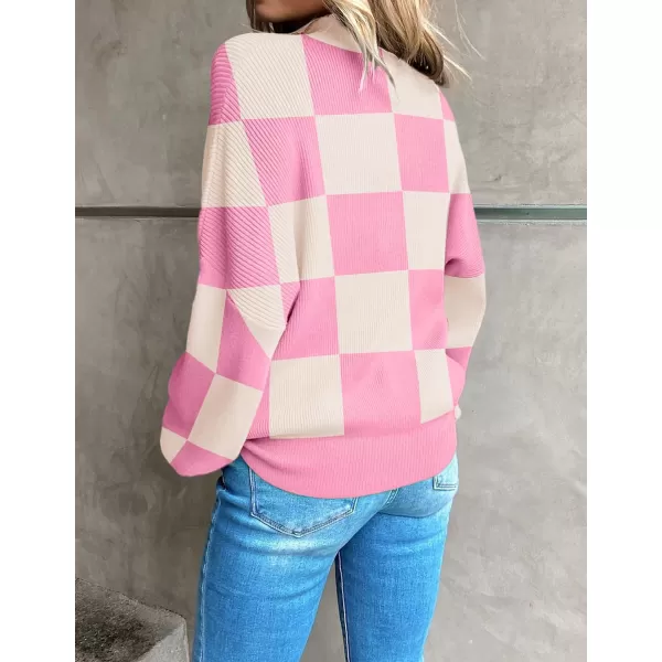 imageZESICA Womens 2023 Fall Fashion Turtleneck Long Sleeve Striped Ribbed Knit Loose Pullover Sweater TopsPinkplaid