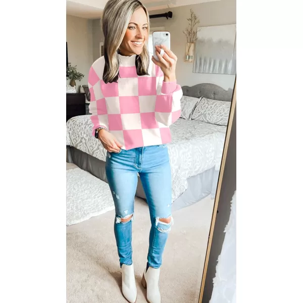 imageZESICA Womens 2023 Fall Fashion Turtleneck Long Sleeve Striped Ribbed Knit Loose Pullover Sweater TopsPinkplaid
