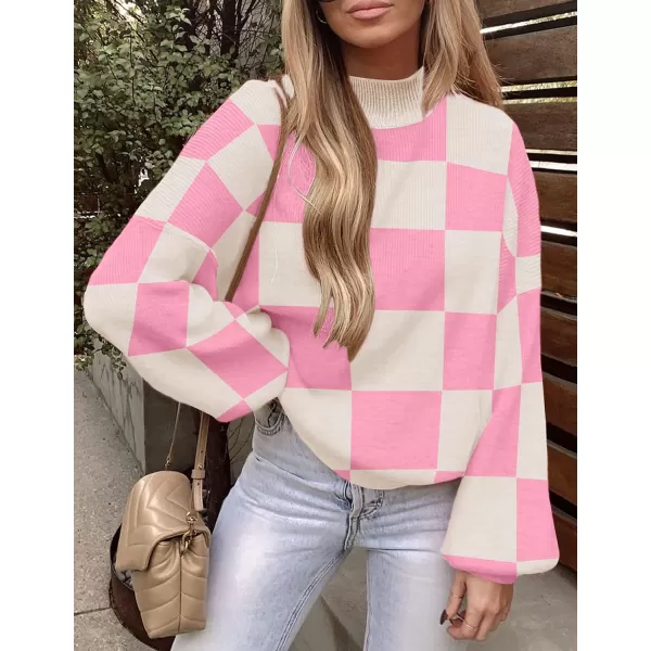imageZESICA Womens 2023 Fall Fashion Turtleneck Long Sleeve Striped Ribbed Knit Loose Pullover Sweater TopsPinkplaid