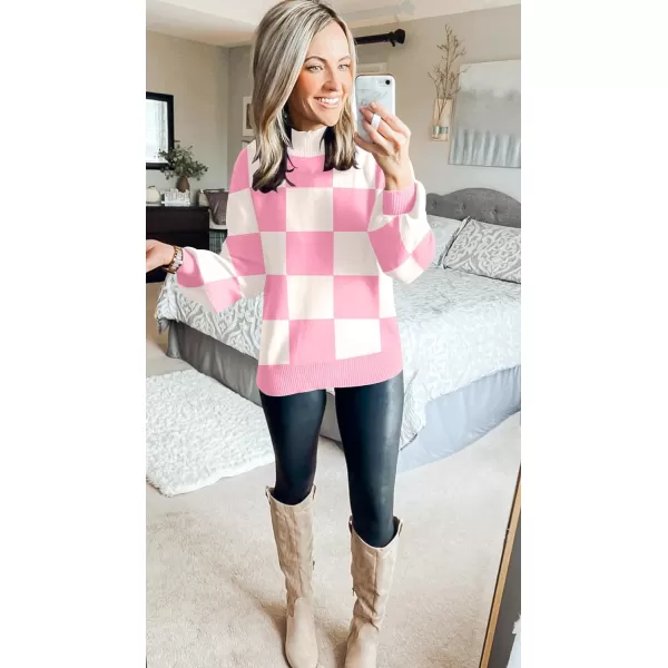 imageZESICA Womens 2023 Fall Fashion Turtleneck Long Sleeve Striped Ribbed Knit Loose Pullover Sweater TopsPinkplaid