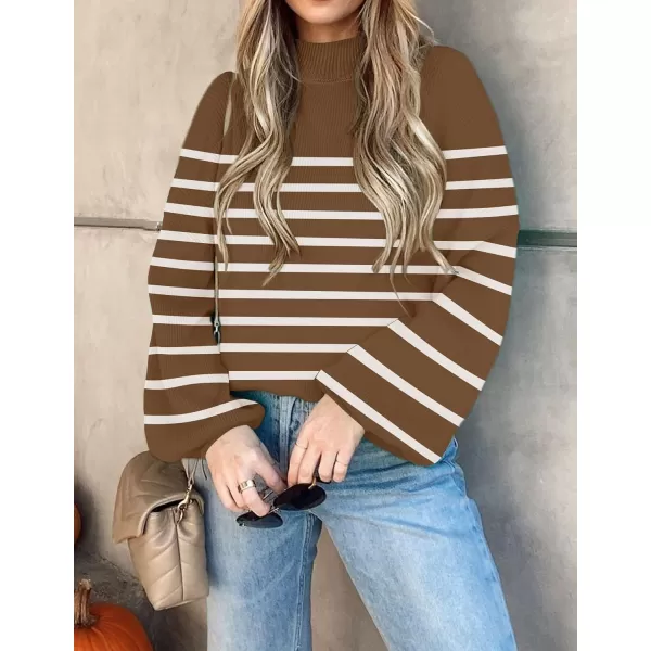 imageZESICA Womens 2023 Fall Fashion Turtleneck Long Sleeve Striped Ribbed Knit Loose Pullover Sweater TopsTan