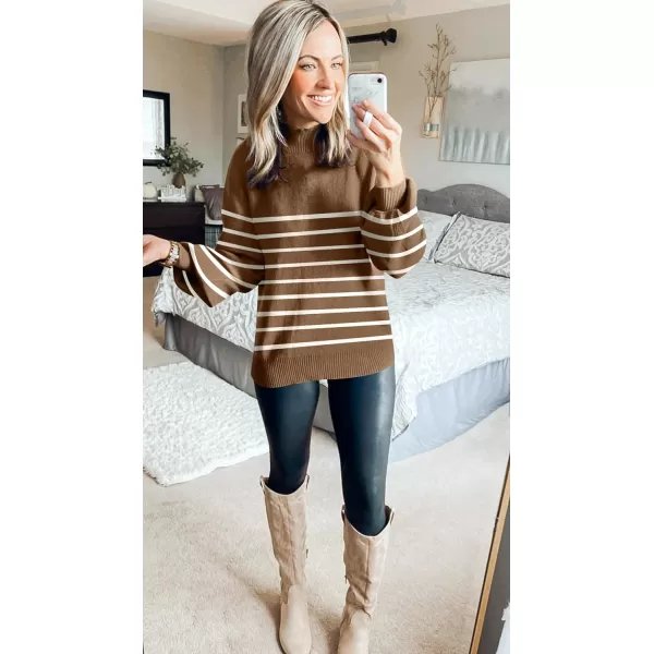imageZESICA Womens 2023 Fall Fashion Turtleneck Long Sleeve Striped Ribbed Knit Loose Pullover Sweater TopsTan