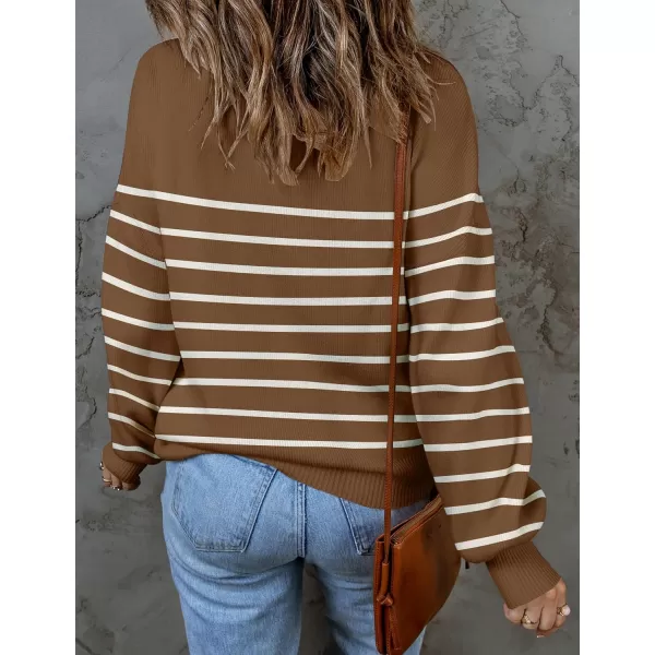imageZESICA Womens 2023 Fall Fashion Turtleneck Long Sleeve Striped Ribbed Knit Loose Pullover Sweater TopsTan
