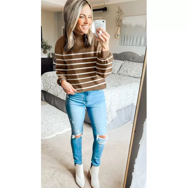 imageZESICA Womens 2023 Fall Fashion Turtleneck Long Sleeve Striped Ribbed Knit Loose Pullover Sweater TopsTan