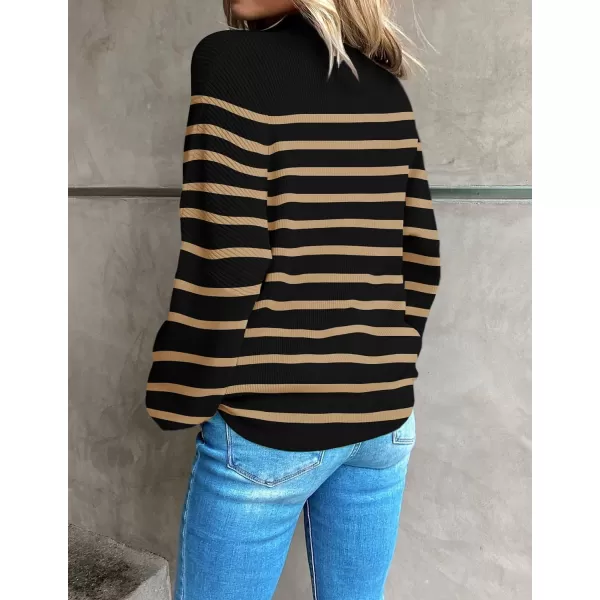 imageZESICA Womens 2023 Fall Fashion Turtleneck Long Sleeve Striped Ribbed Knit Loose Pullover Sweater TopsTaupe