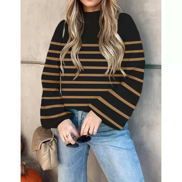 imageZESICA Womens 2023 Fall Fashion Turtleneck Long Sleeve Striped Ribbed Knit Loose Pullover Sweater TopsTaupe