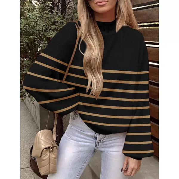imageZESICA Womens 2023 Fall Fashion Turtleneck Long Sleeve Striped Ribbed Knit Loose Pullover Sweater TopsTaupe
