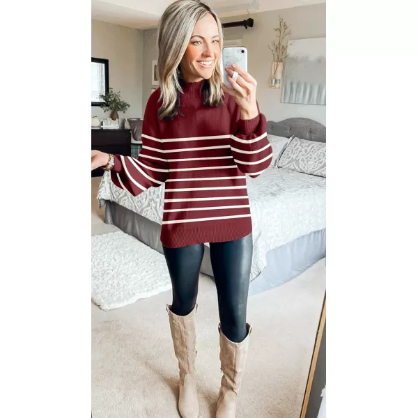 imageZESICA Womens 2023 Fall Fashion Turtleneck Long Sleeve Striped Ribbed Knit Loose Pullover Sweater TopsWine