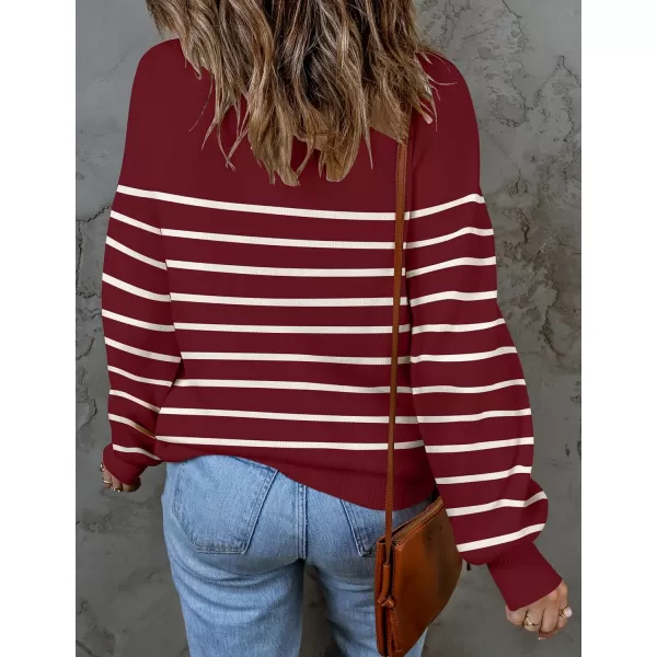 imageZESICA Womens 2023 Fall Fashion Turtleneck Long Sleeve Striped Ribbed Knit Loose Pullover Sweater TopsWine