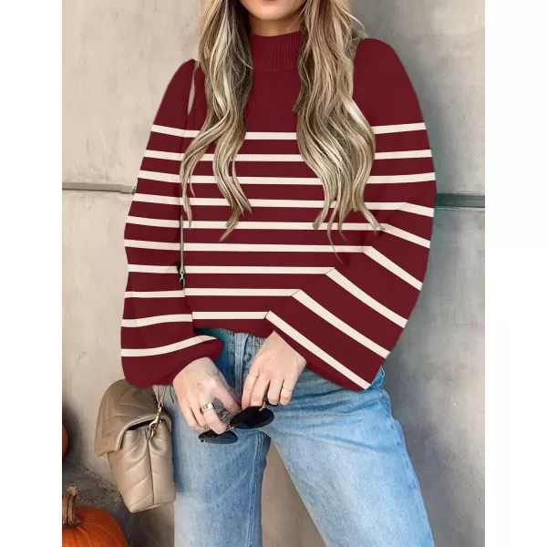 imageZESICA Womens 2023 Fall Fashion Turtleneck Long Sleeve Striped Ribbed Knit Loose Pullover Sweater TopsWine