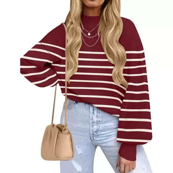 imageZESICA Womens 2023 Fall Fashion Turtleneck Long Sleeve Striped Ribbed Knit Loose Pullover Sweater TopsWine