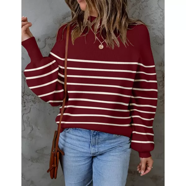 imageZESICA Womens 2023 Fall Fashion Turtleneck Long Sleeve Striped Ribbed Knit Loose Pullover Sweater TopsWine