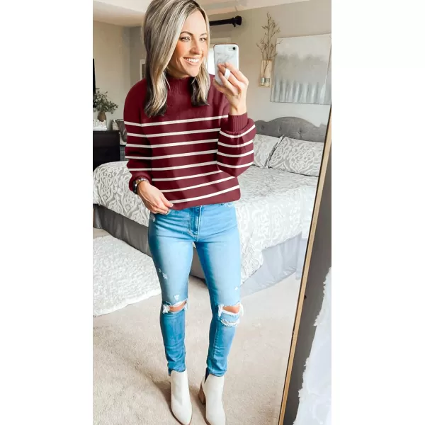 imageZESICA Womens 2023 Fall Fashion Turtleneck Long Sleeve Striped Ribbed Knit Loose Pullover Sweater TopsWine