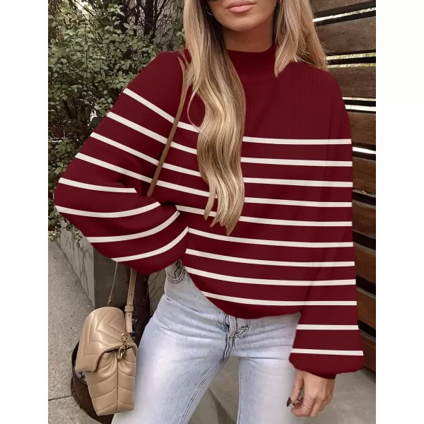 imageZESICA Womens 2023 Fall Fashion Turtleneck Long Sleeve Striped Ribbed Knit Loose Pullover Sweater TopsWine