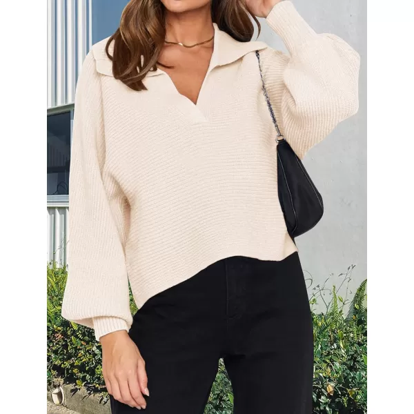 imageZESICA Womens 2023 Fall Lapel Collar V Neck Long Sleeve Ribbed Knit Comfy Loose Casual Pullover Sweater Jumper TopBeige