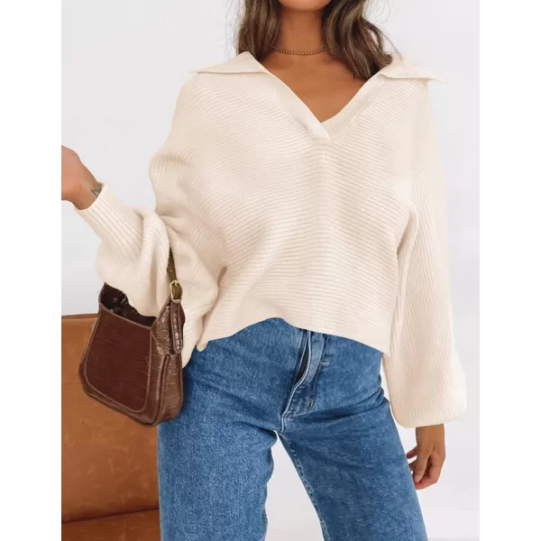 imageZESICA Womens 2023 Fall Lapel Collar V Neck Long Sleeve Ribbed Knit Comfy Loose Casual Pullover Sweater Jumper TopBeige