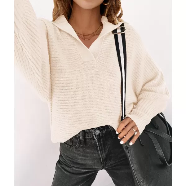 imageZESICA Womens 2023 Fall Lapel Collar V Neck Long Sleeve Ribbed Knit Comfy Loose Casual Pullover Sweater Jumper TopBeige