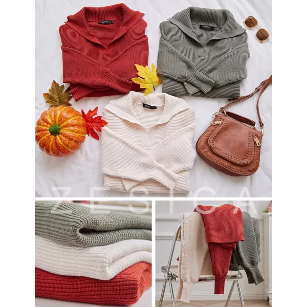 imageZESICA Womens 2023 Fall Lapel Collar V Neck Long Sleeve Ribbed Knit Comfy Loose Casual Pullover Sweater Jumper TopBeige