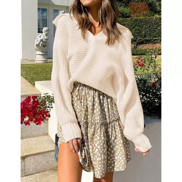 imageZESICA Womens 2023 Fall Lapel Collar V Neck Long Sleeve Ribbed Knit Comfy Loose Casual Pullover Sweater Jumper TopBeige