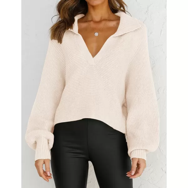imageZESICA Womens 2023 Fall Lapel Collar V Neck Long Sleeve Ribbed Knit Comfy Loose Casual Pullover Sweater Jumper TopBeige