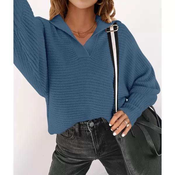 imageZESICA Womens 2023 Fall Lapel Collar V Neck Long Sleeve Ribbed Knit Comfy Loose Casual Pullover Sweater Jumper TopBlue