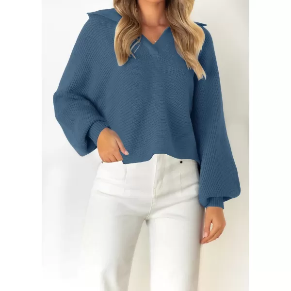 imageZESICA Womens 2023 Fall Lapel Collar V Neck Long Sleeve Ribbed Knit Comfy Loose Casual Pullover Sweater Jumper TopBlue