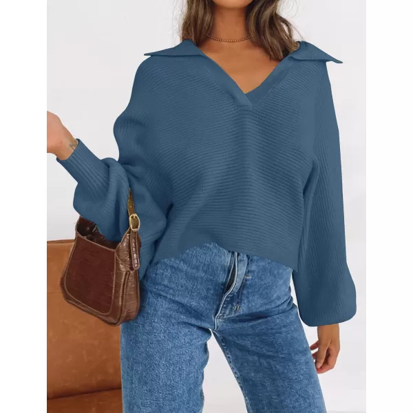imageZESICA Womens 2023 Fall Lapel Collar V Neck Long Sleeve Ribbed Knit Comfy Loose Casual Pullover Sweater Jumper TopBlue