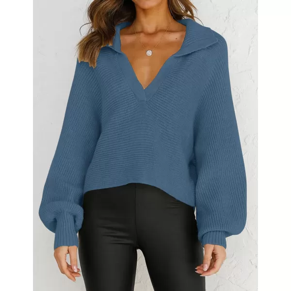 imageZESICA Womens 2023 Fall Lapel Collar V Neck Long Sleeve Ribbed Knit Comfy Loose Casual Pullover Sweater Jumper TopBlue